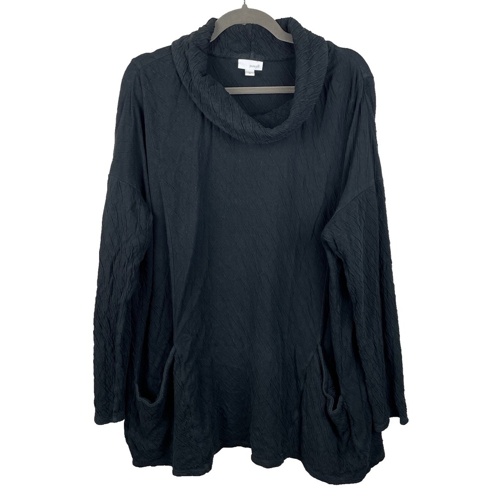 J. Jill Pure Jill Tunic Top XL Black Textured Pockets Cowl Neck‎ Cotton Bohemian